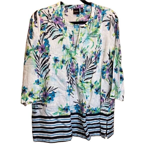 Rafaella- 100% Linen Watercolor Floral Print V-Neck Tunic Blouse, Size Large - Picture 1 of 6